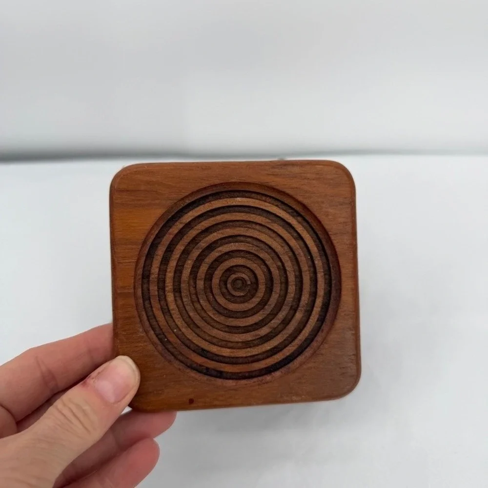 Wood Coaster Set of 7 w/ Holder Concentric Circles MCM Barware Rustic Lodge Core